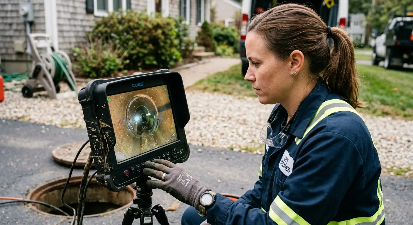 Technician reviewing sewer camera inspection footage in Blue Island