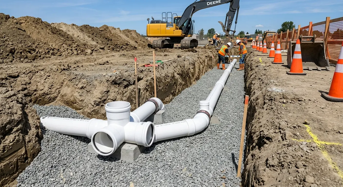 New PVC sewer pipe installation in open trench for Grease Trap Cleaning in Blue Island