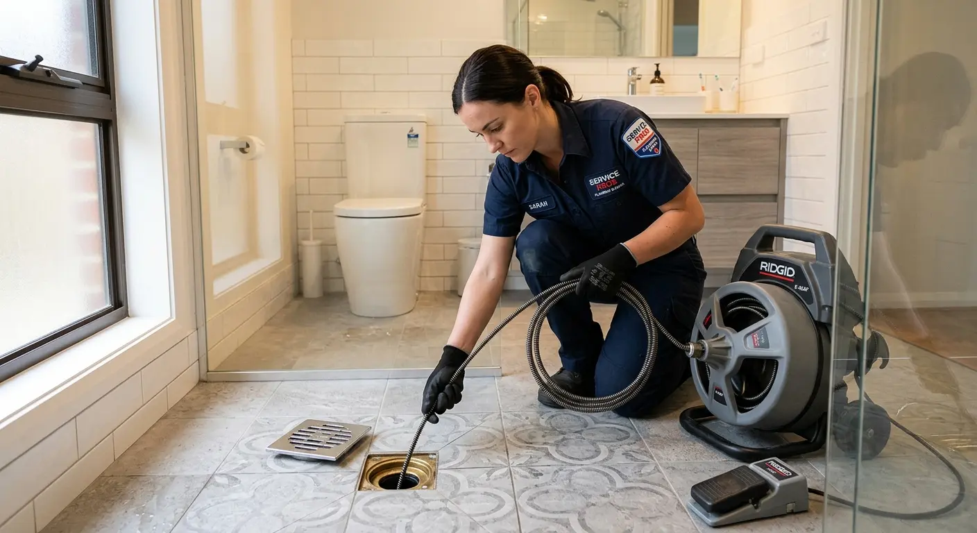 Technician clearing a bathroom floor drain for Clogged Drain Repair in Blue Island